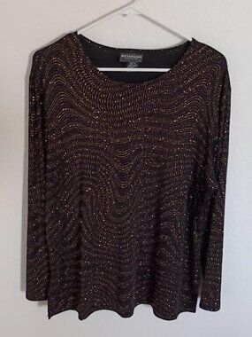 NOTATIONS WOMEN'S TOP BLACK GOLD BROWN GLITTER SPARKLE LONG SLEEVE PARTY SIZE XL